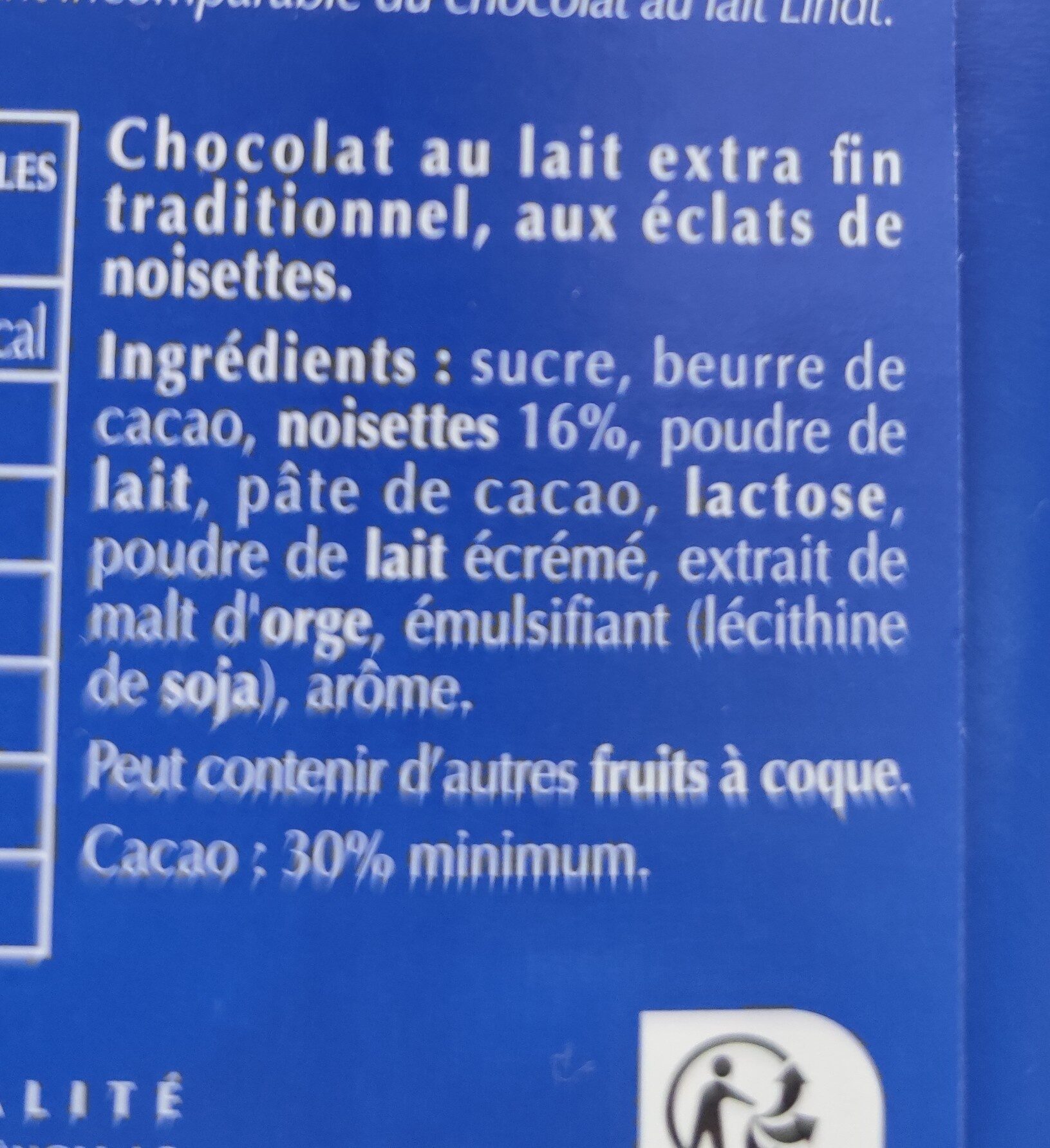 Lindt lait noisettes - Ingredients - fr