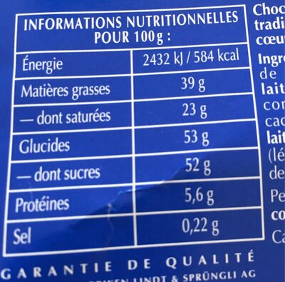Lindt double lait - Informació nutricional - fr