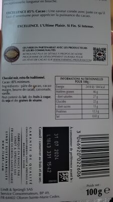 Excellence 85% Cacao Chocolat Noir Puissant Lindt % Lindt - Ingrédients