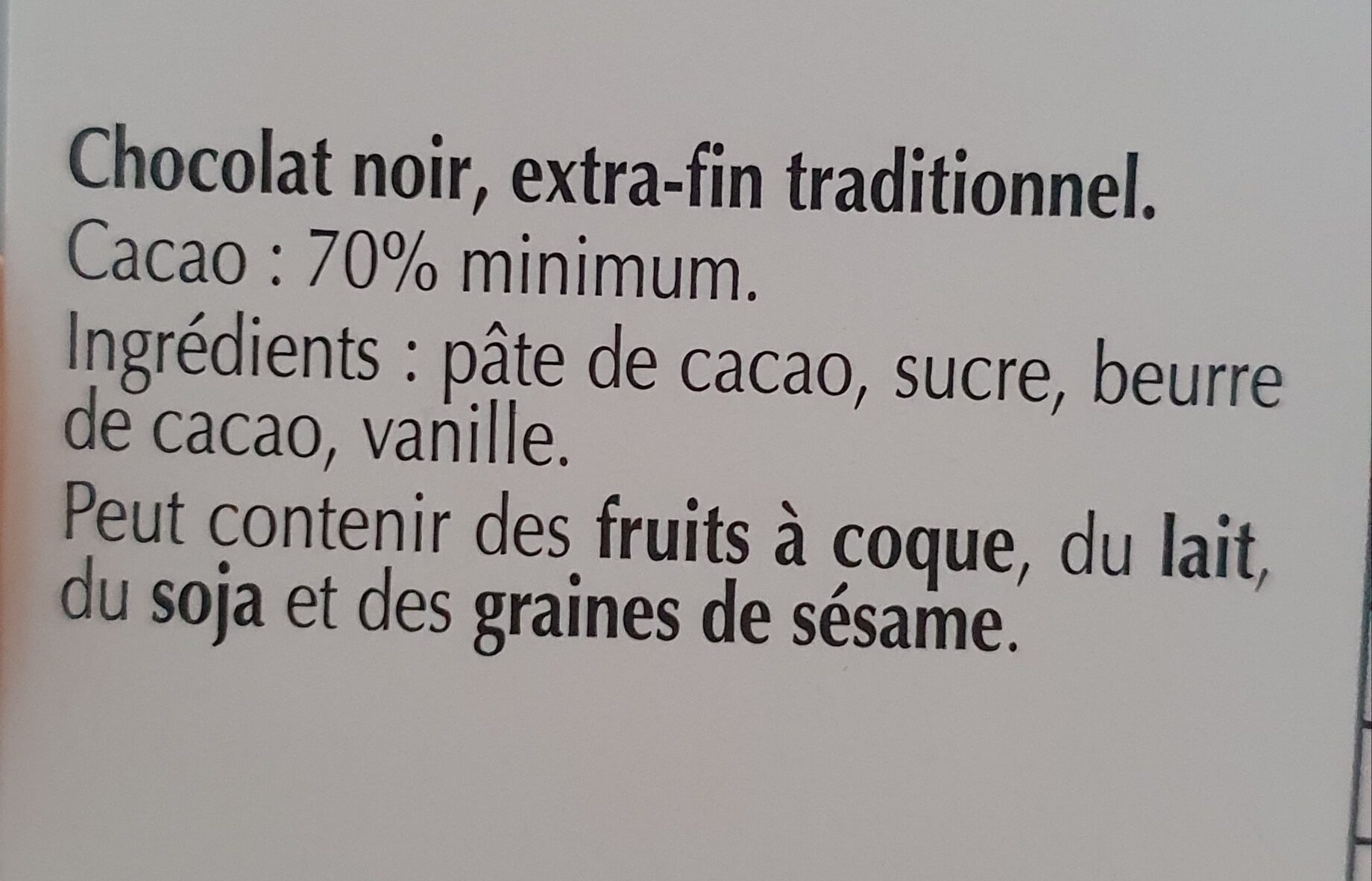 70% Cacao noir intense - Ingredientes - fr