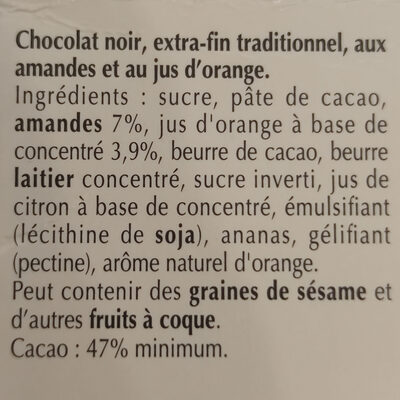 Excellence - Chocolat noir orange intense aux amandes effilées - Ingrédients