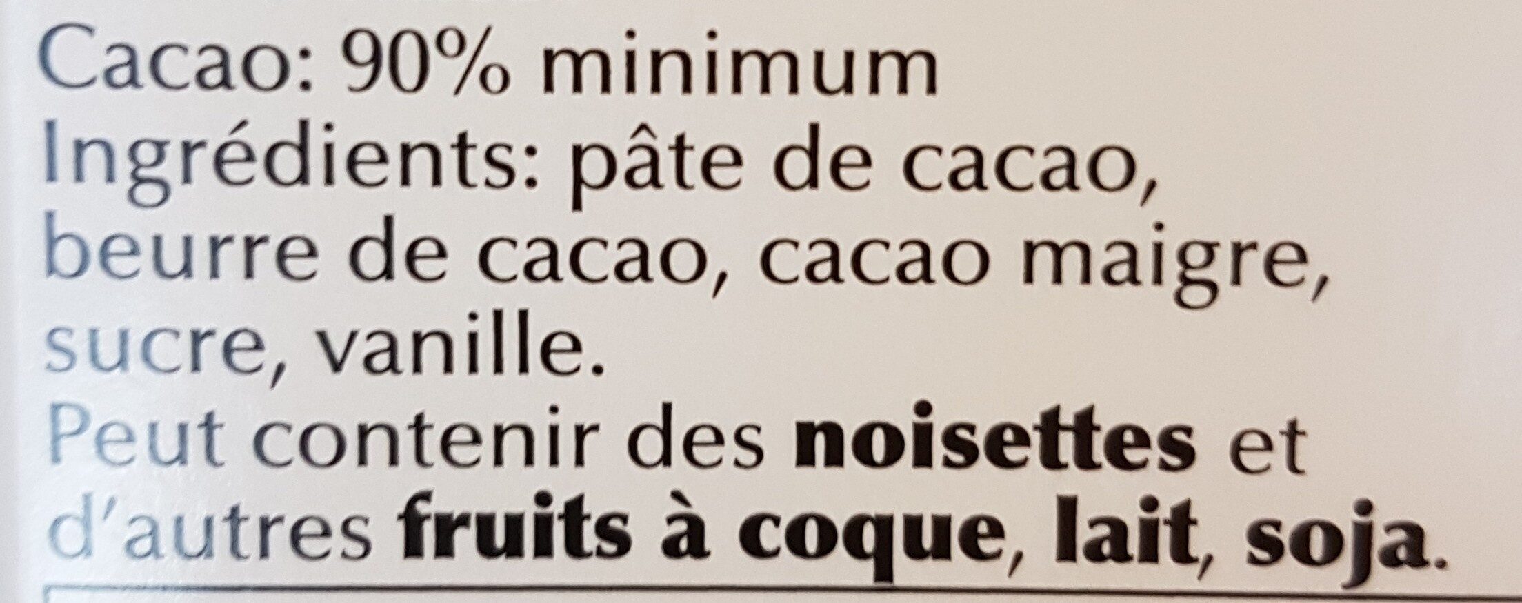 Noir Prodigieux 90% cacao - المكونات - fr