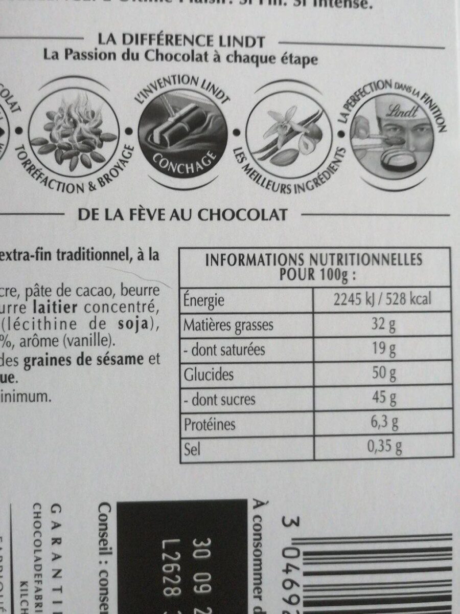Chocolat noir aux cristaux de Fleur de Sel - Tableau nutritionnel