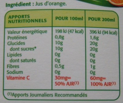 Jus d'orange avec pulpe - Tableau nutritionnel