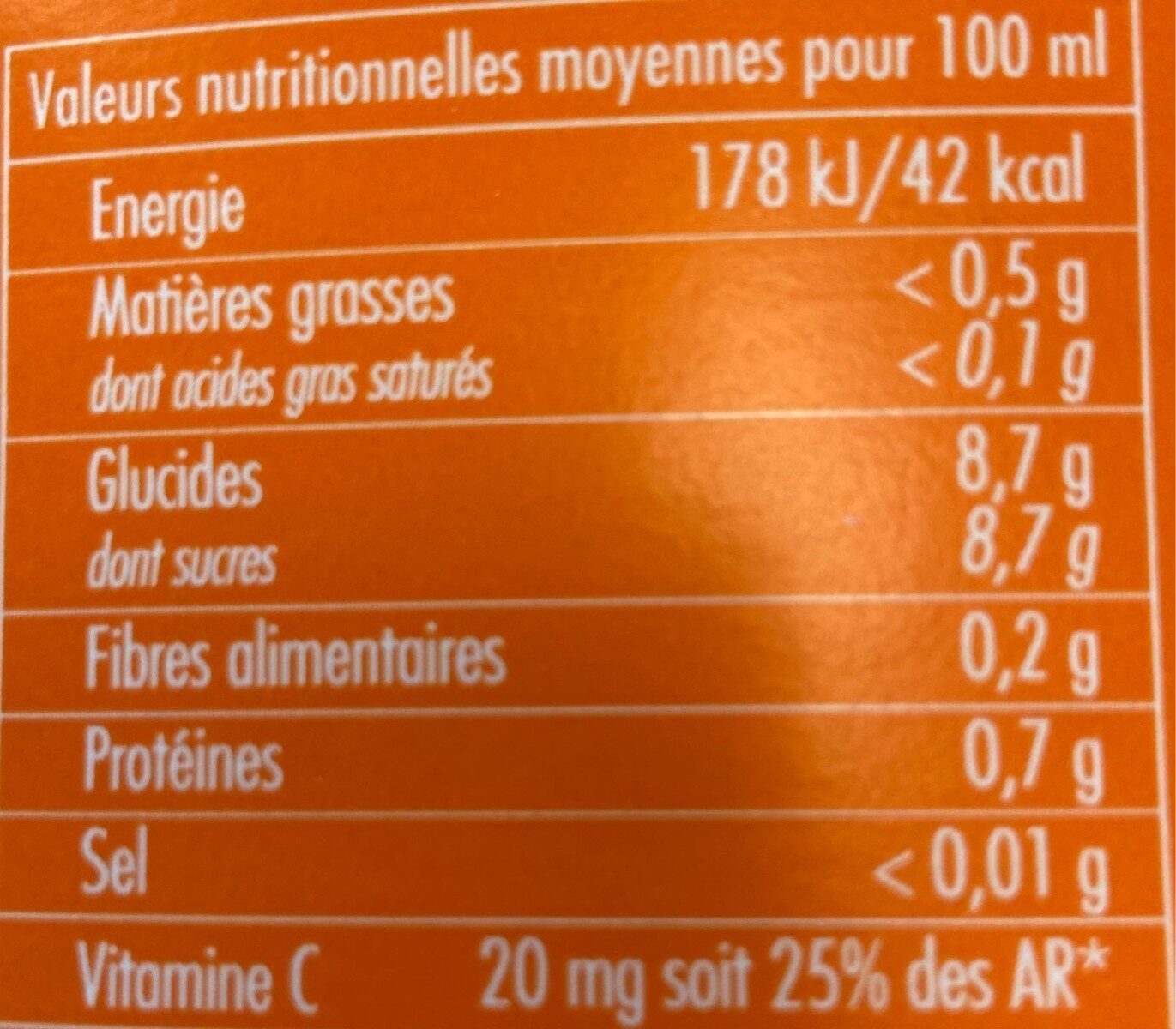 Jus d'orange - Tableau nutritionnel