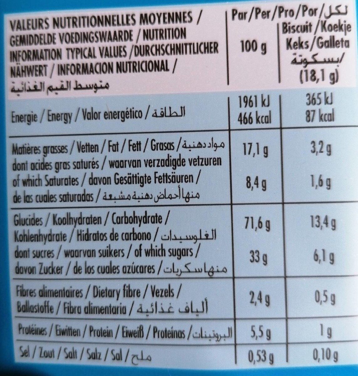 Biscuits fourrés goût vanille - Tableau nutritionnel