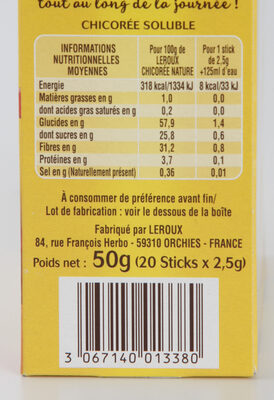 Chicoree soluble stick nature 50g (etui 20 sticks x 2,5g) - Nutrition facts - fr