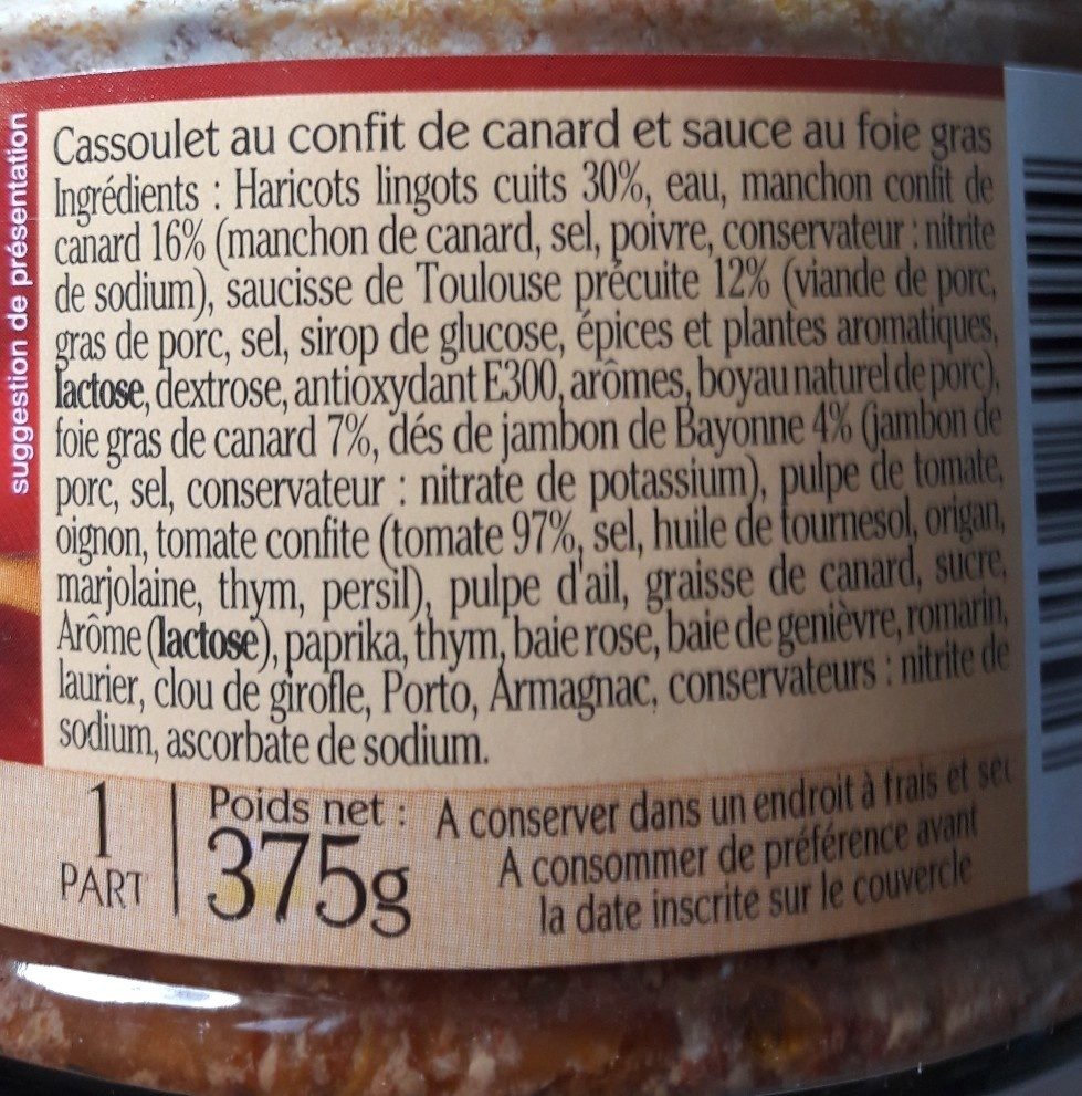 Cassoulet au Confit de Canard - sauce au Foie Gras - Ingredients - fr
