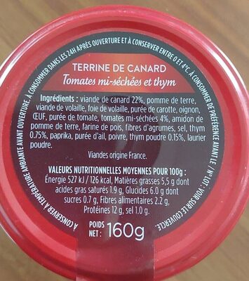 Terrine de canard (tomates séchées et thym) - Tableau nutritionnel