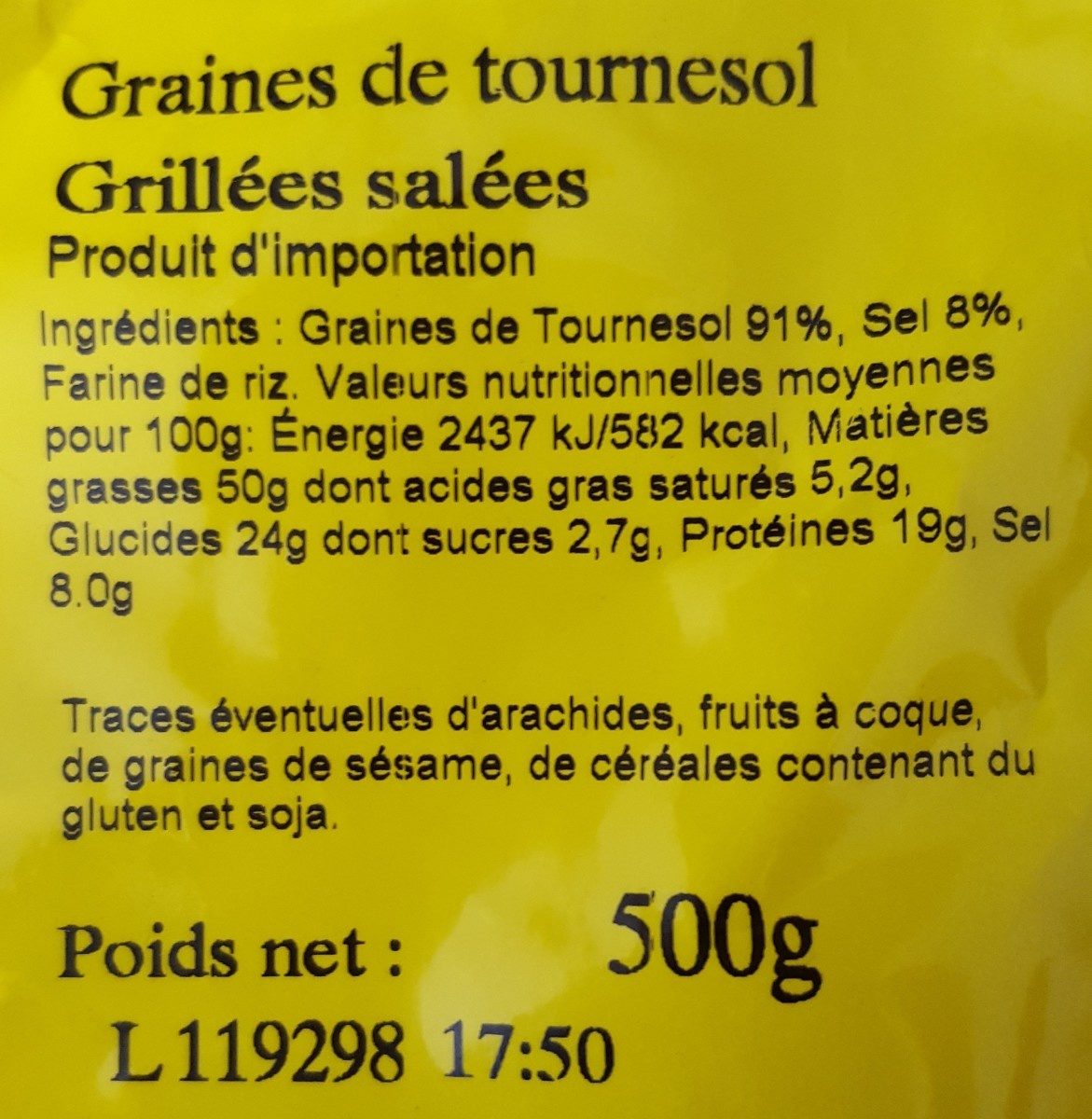 Graines de tournesol grillés salées - Ingredients - fr