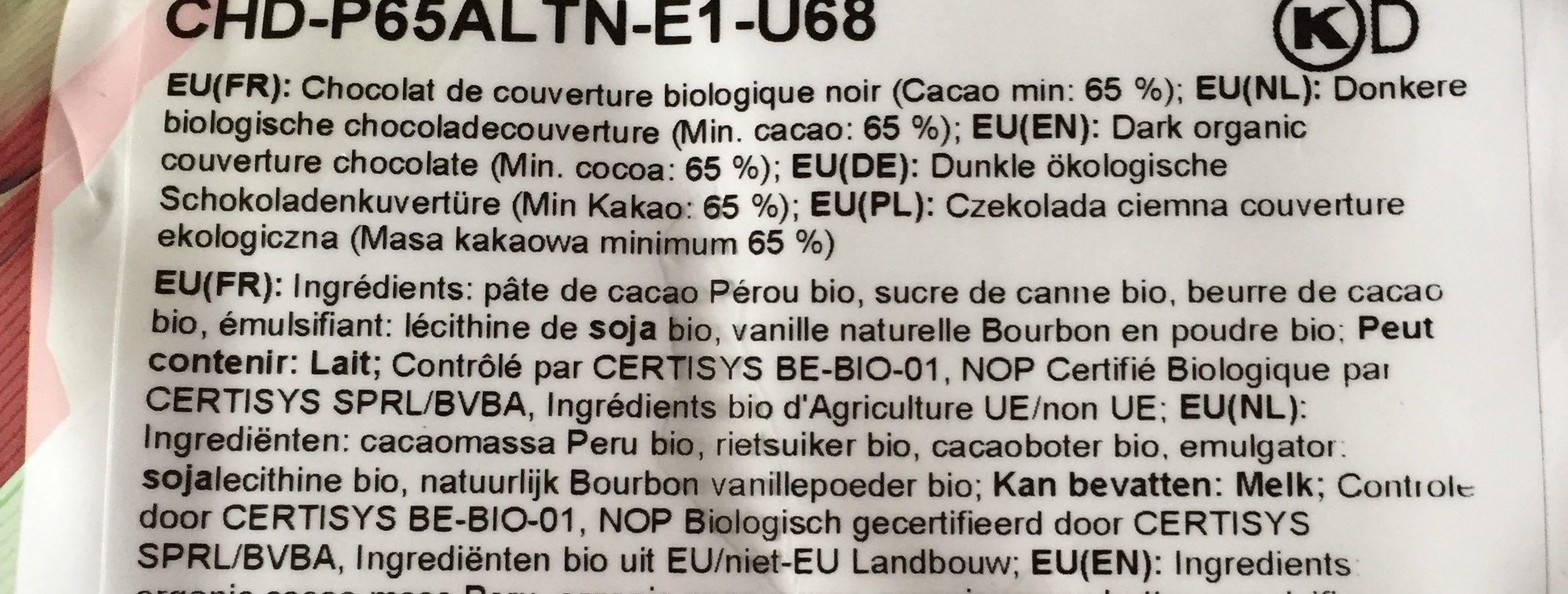Pistoles Alto El Sol Bio  (noir, Cacao 65%) Boite 1KG - Ingredients - fr