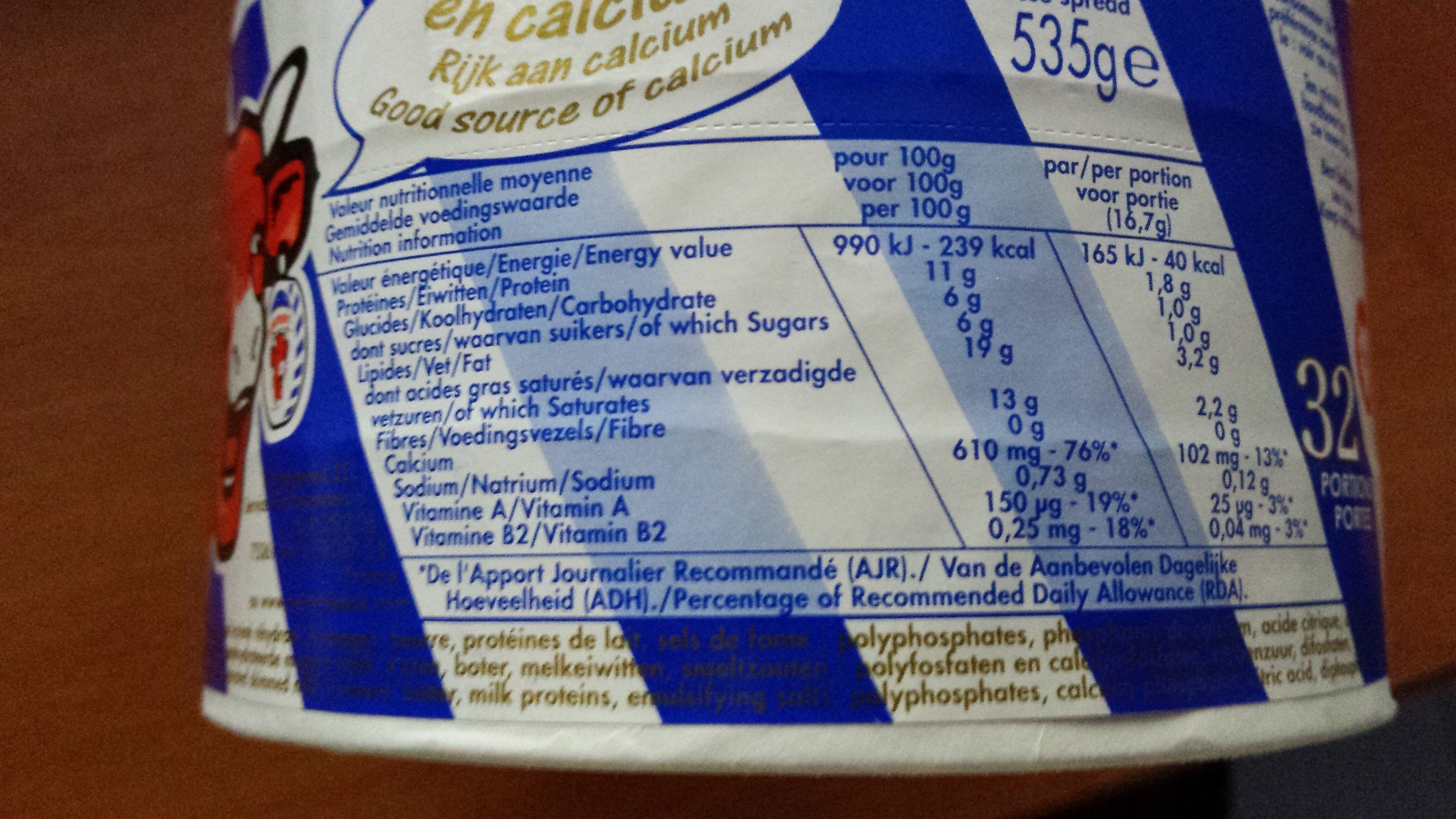 Fromage La Vache qui rit 32 portions (19 % MG) - Tableau nutritionnel