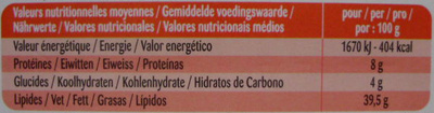 Tomate, Oignon & Ciboulette (39,5 % MG) - Tableau nutritionnel