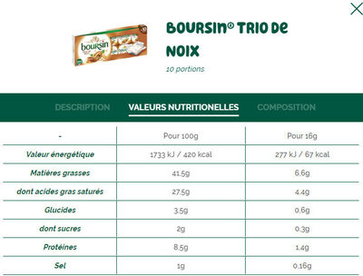 Boursin® Trio de Noix Portion x10 - Tableau nutritionnel