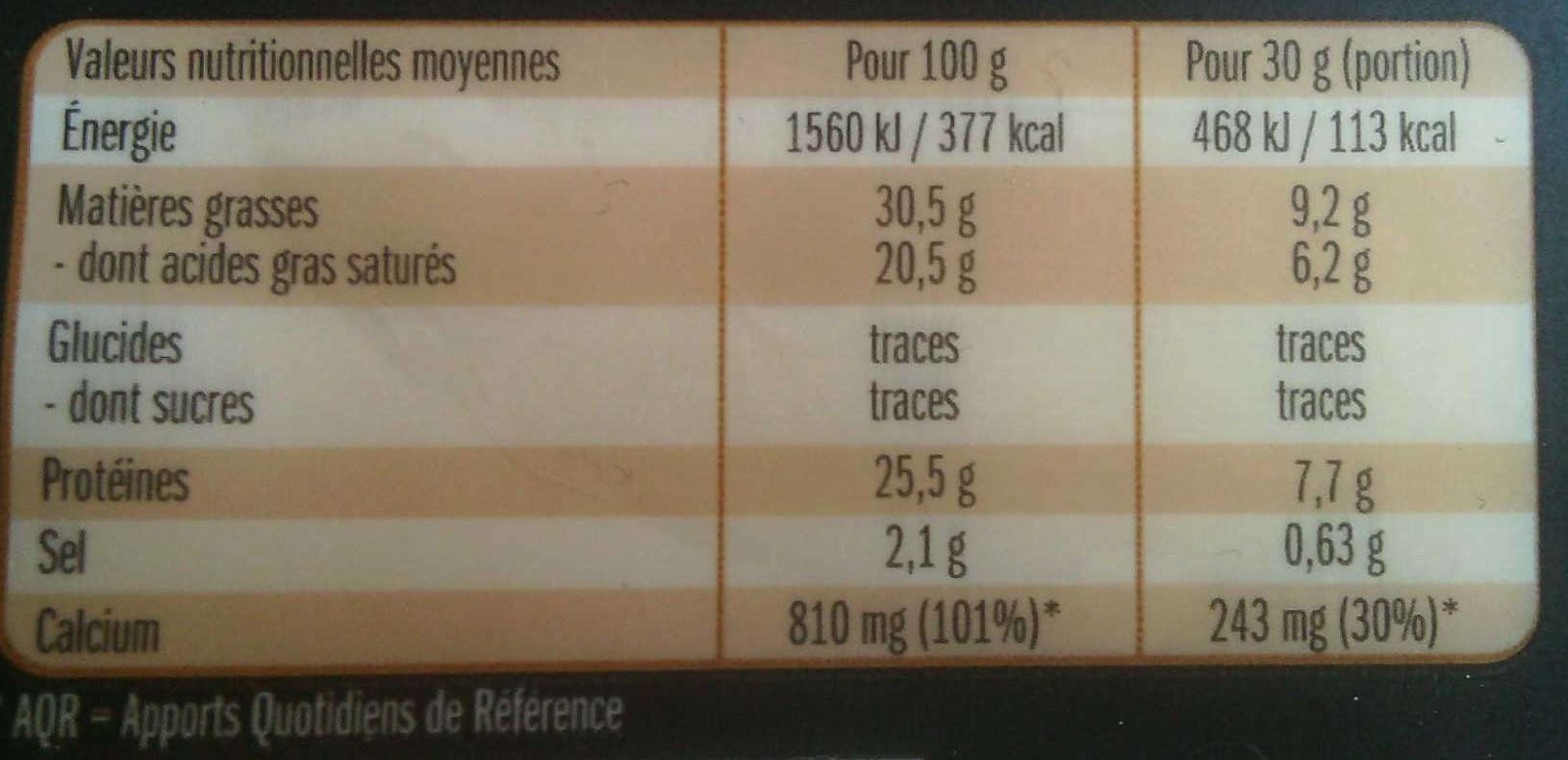 Sélection intense - Fromage au lait pasteurisé - Nutrition facts - fr