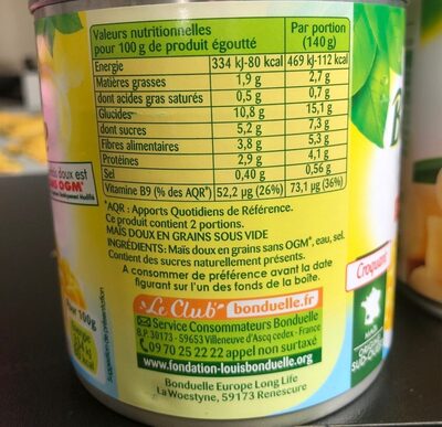 Maïs sans sucres ajoutés - Tableau nutritionnel