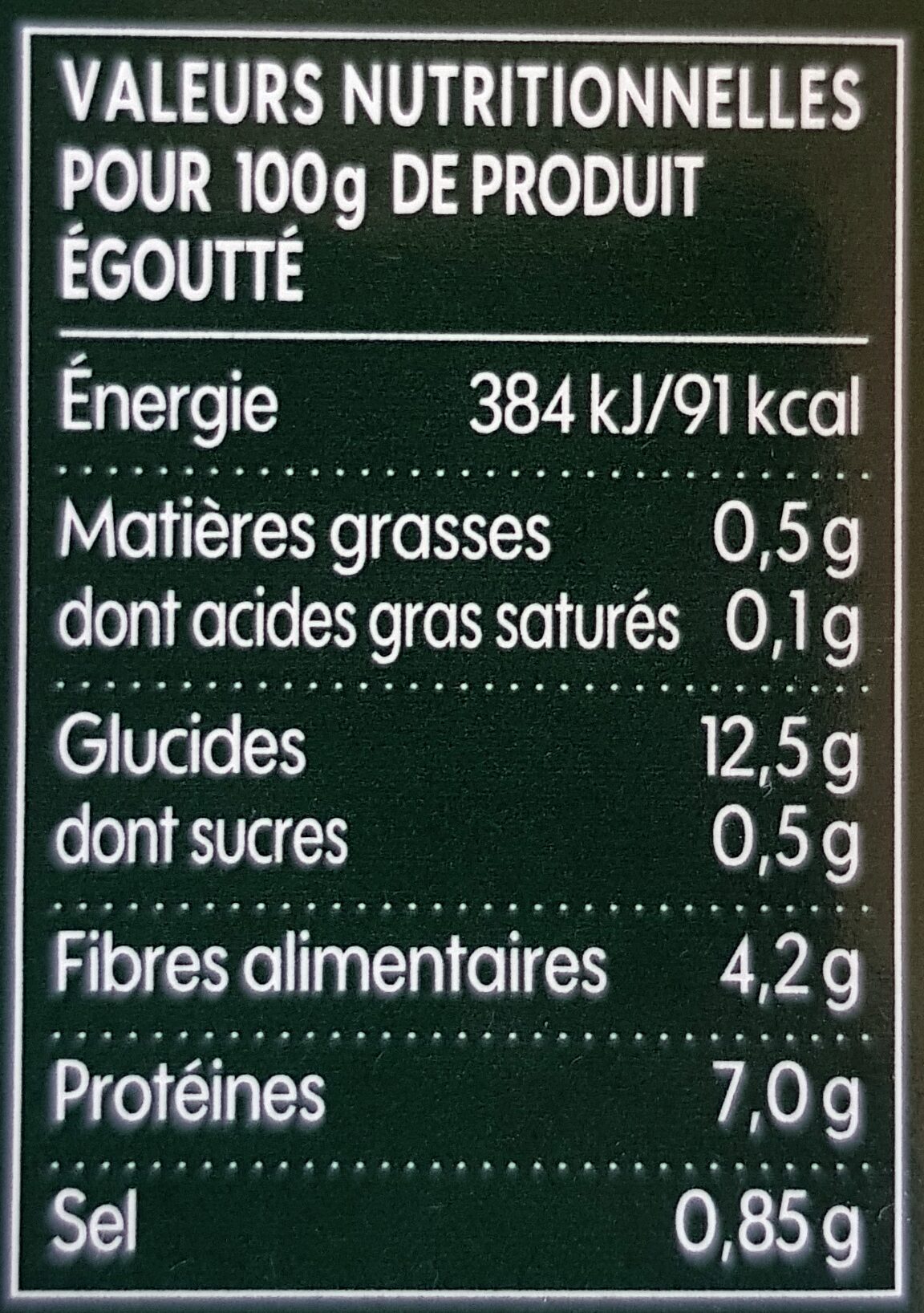 Lentilles Préparées 460g - Tableau nutritionnel