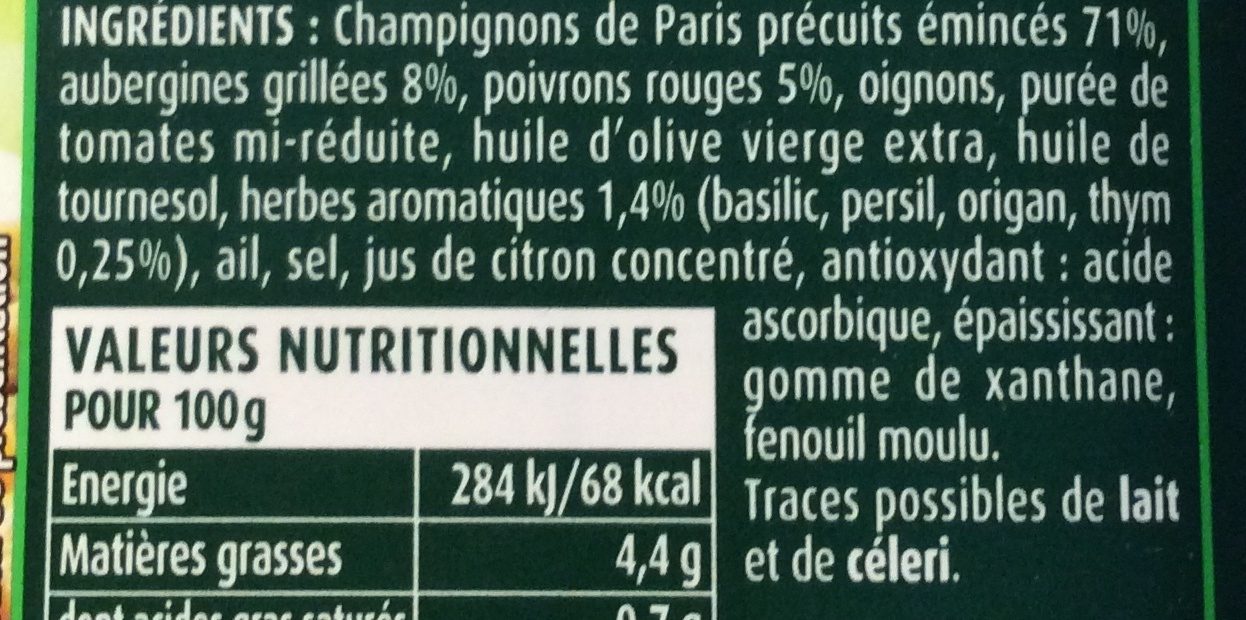 Champignons de Paris Cuisinés aux Aubergines, Poivrons Rouges - Ingredients - fr