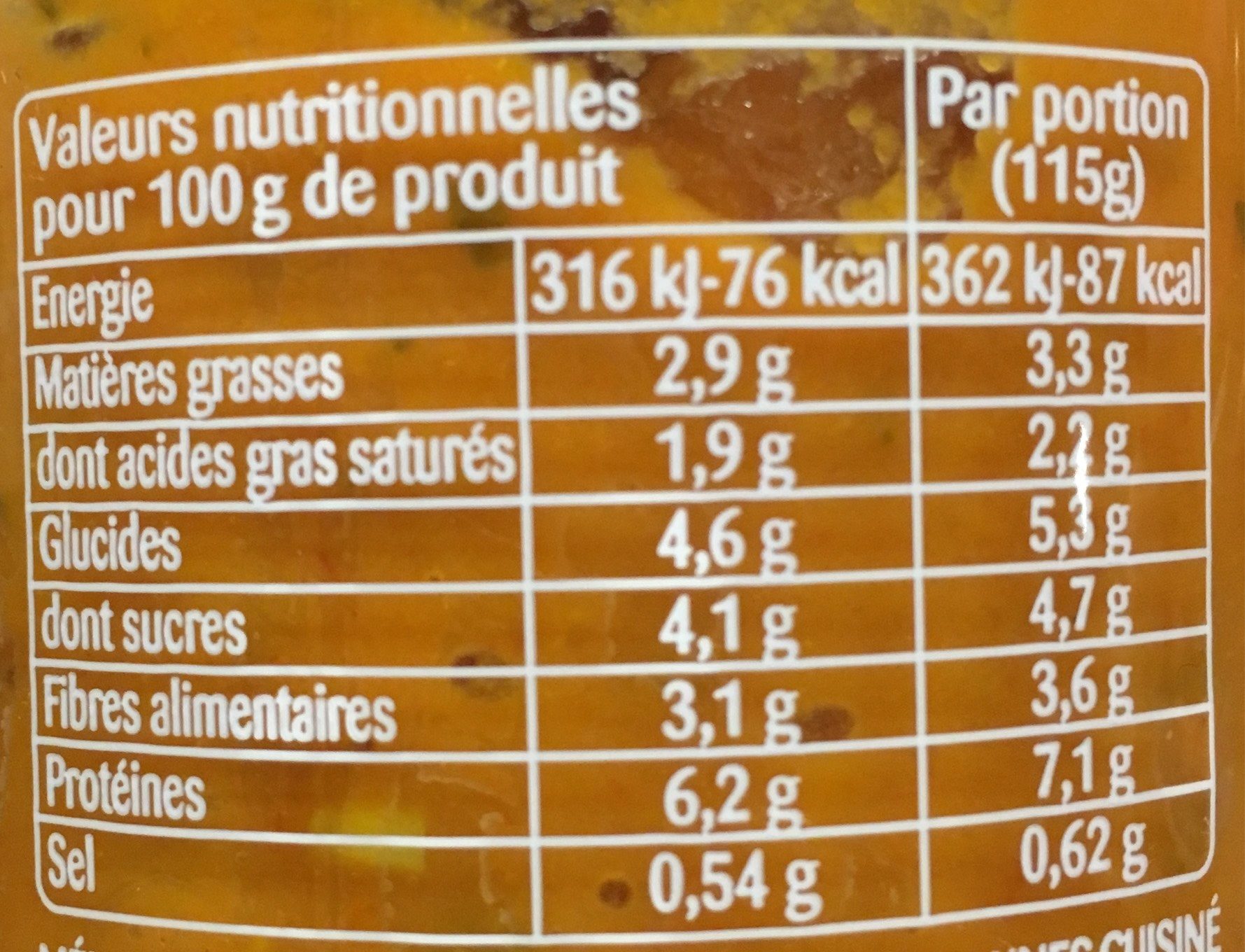 Légumiô en Sauce - Courgettes Jaunes et Crème - Tableau nutritionnel