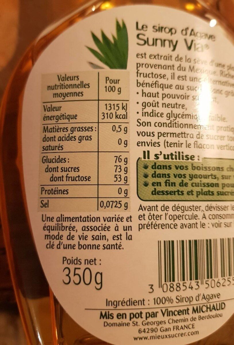 SIROP D'AGAVE 350g - Nutrition facts - fr