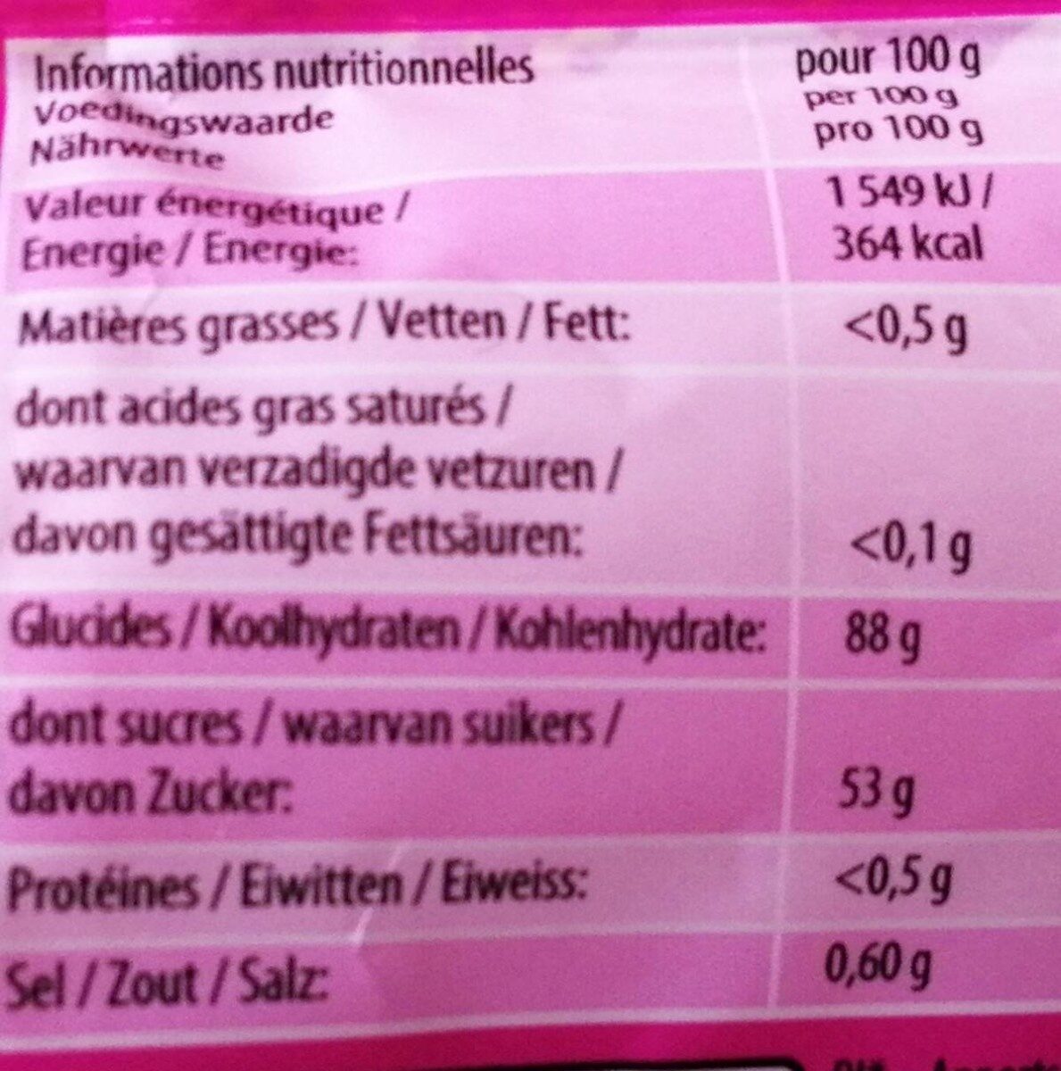 Dragibus P!k - Tableau nutritionnel