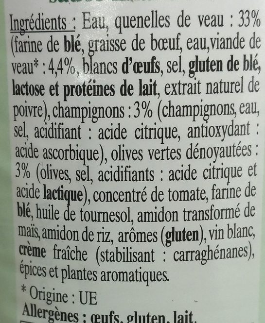 Quenelles de Veau Sauce Financière - Ingredients - fr