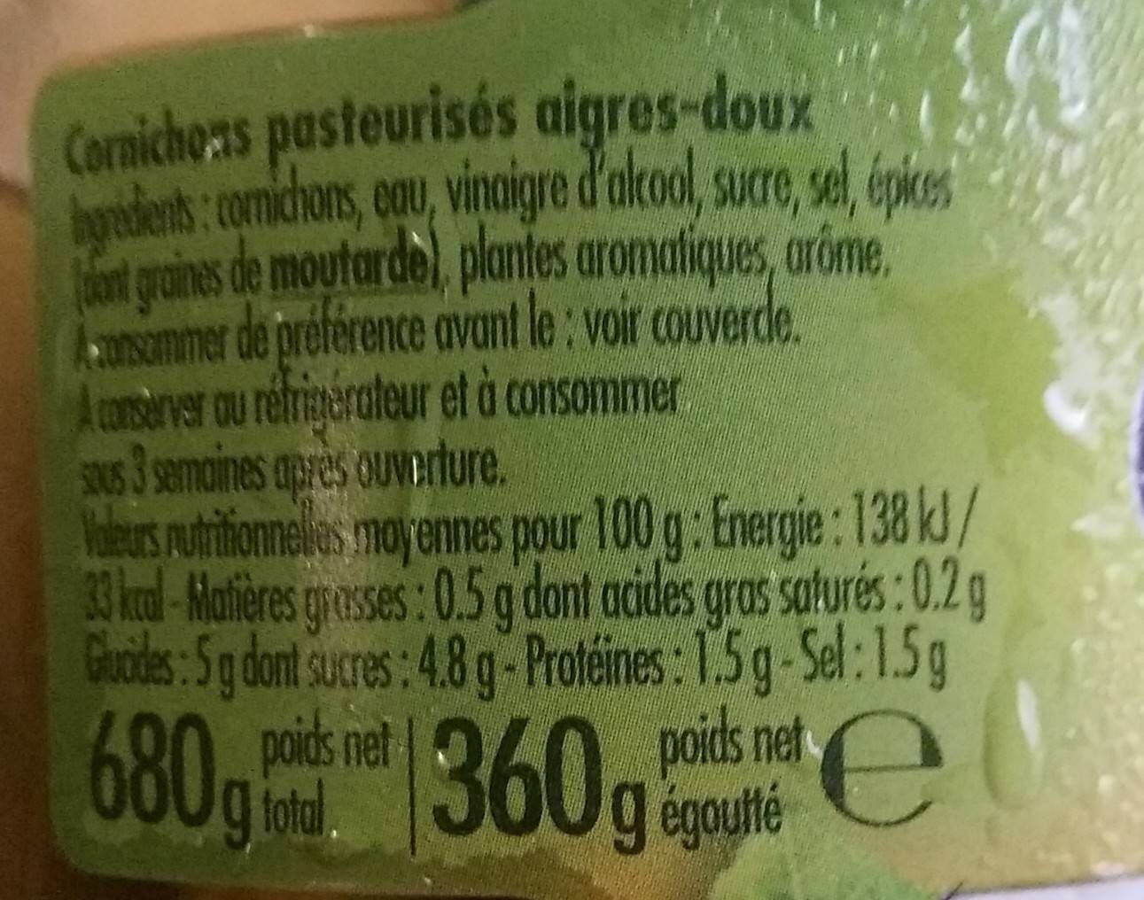 Cornichons aigres-doux Petits Croquants - Valori nutrizionali - fr