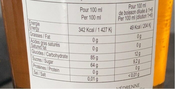 Sirop Pêche - Nutrition facts - fr