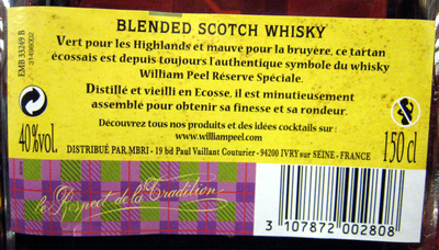 Whisky Ecosse blended sans âge 150 cl William Peel - Ingrédients