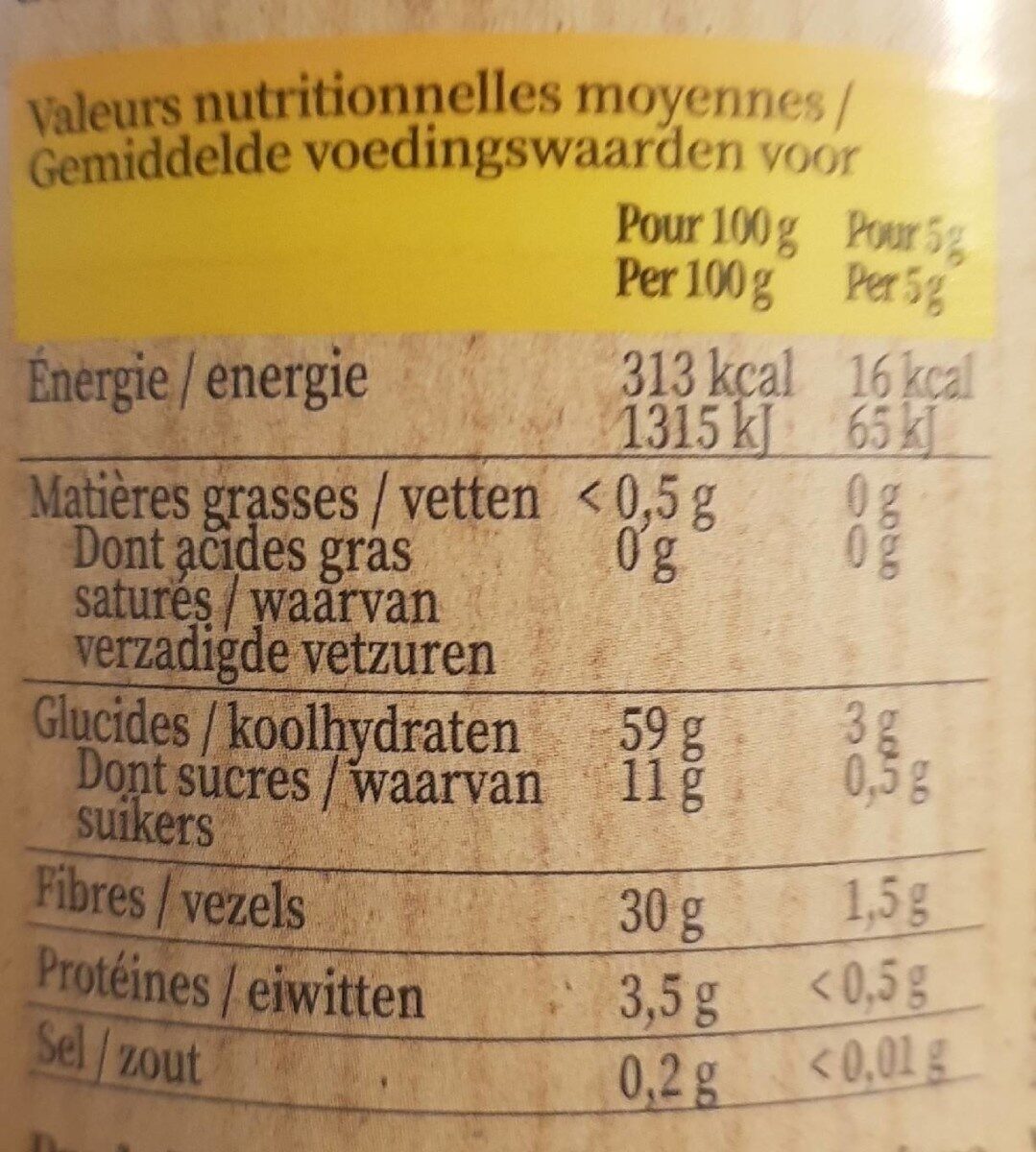 Chicorée instantanée - Tableau nutritionnel