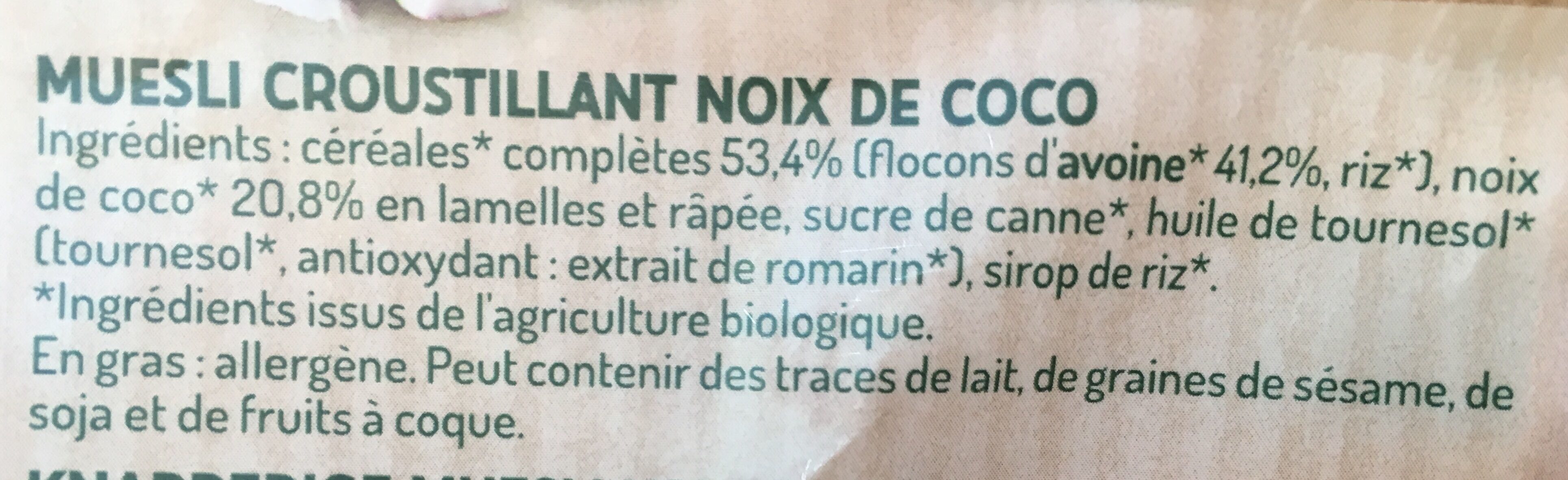 Muesli croustillant noix de coco - Ingredients - fr