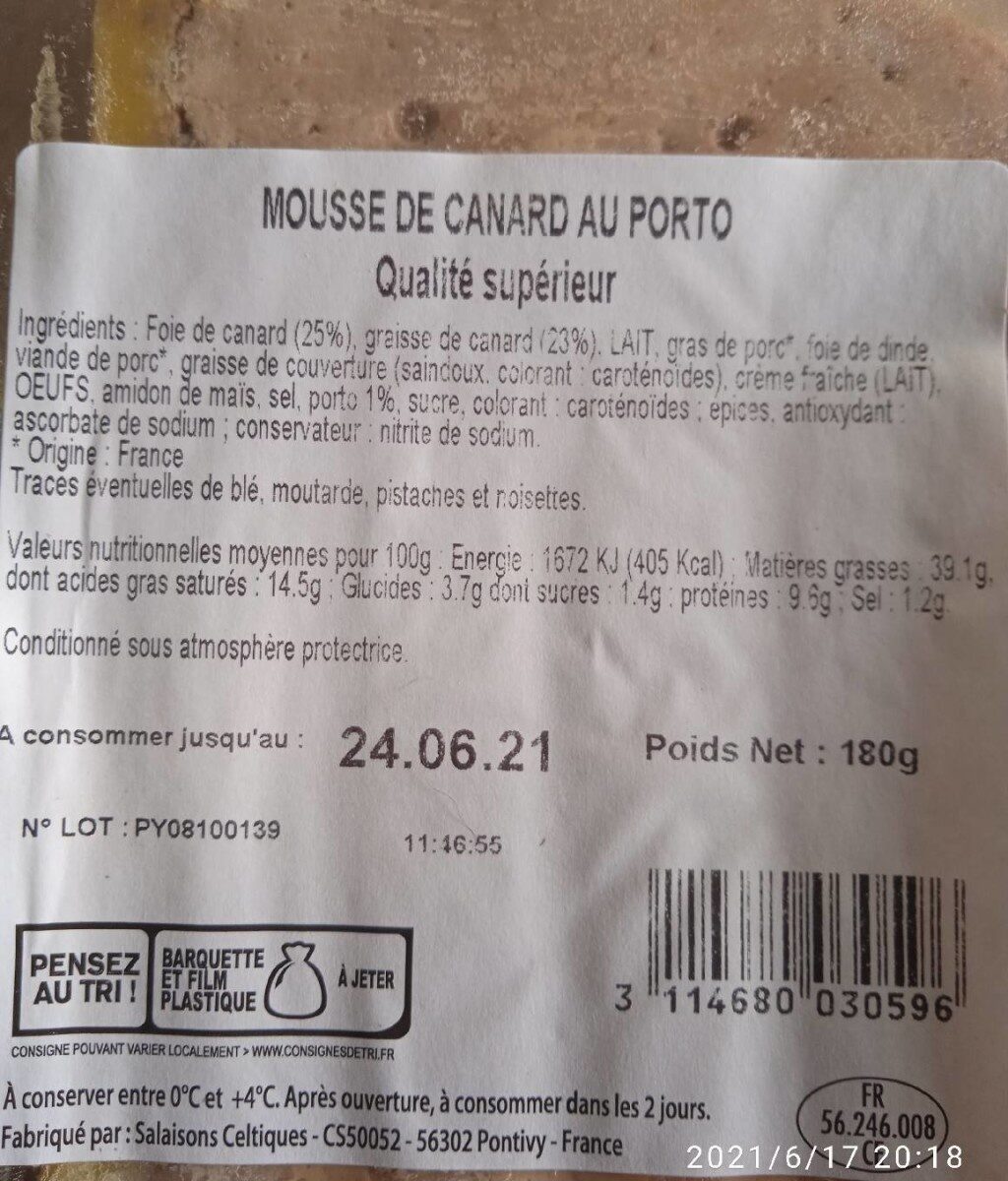 Mousse de canard au porto - Nutrition facts - fr