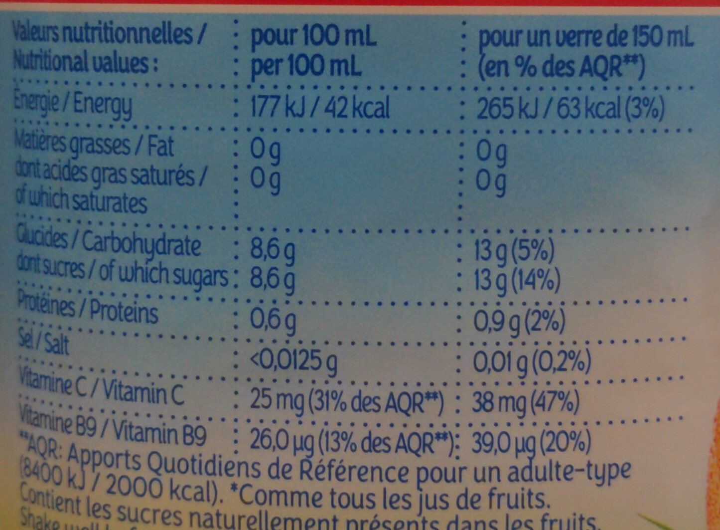 LE PUR JUS Orange sans pulpe - Tableau nutritionnel