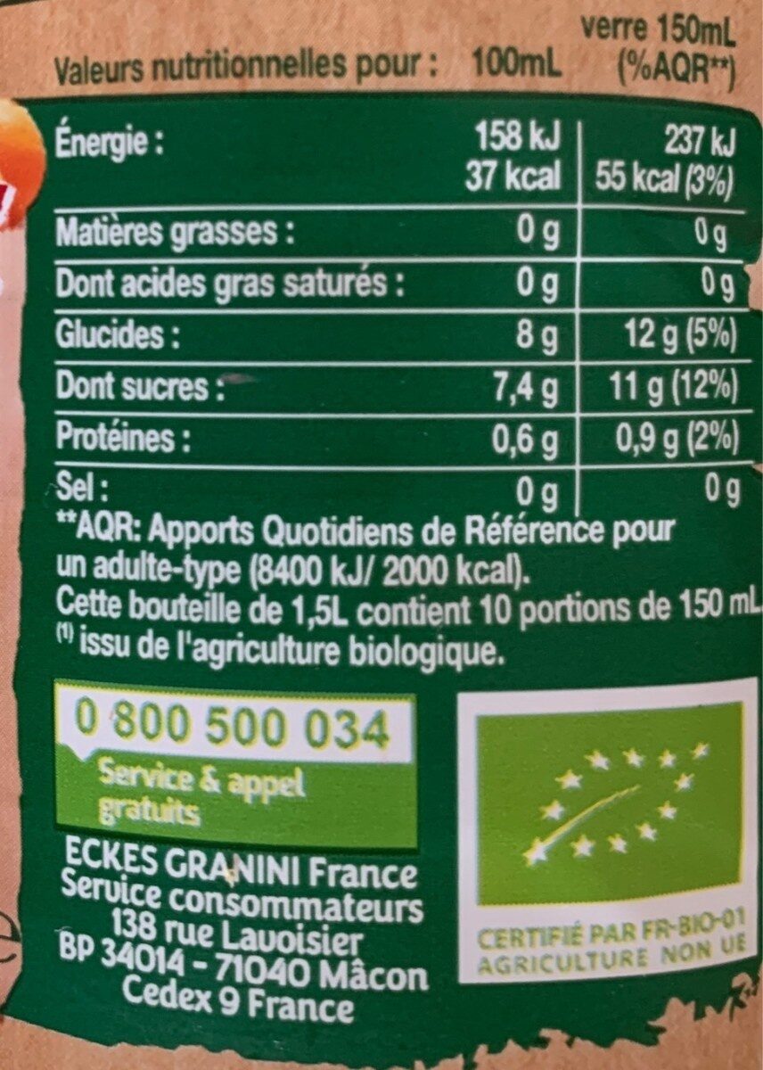 Le bio orange sans pulpe - Nutrition facts - fr