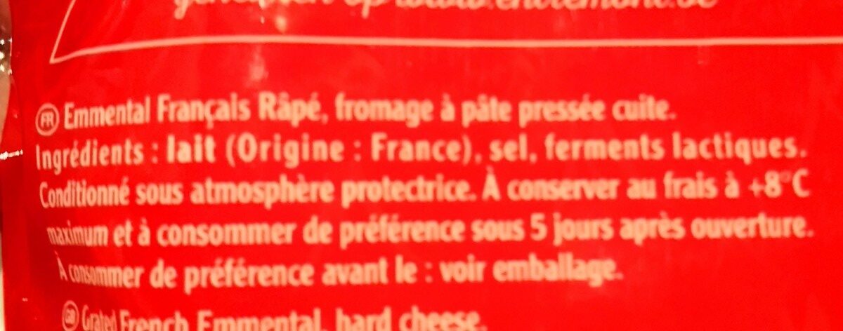 Emmental francais rape extra fin entremont 2x300 g - Ingredientes - fr