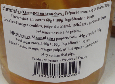 Marmelade d'oranges en tranches - Tableau nutritionnel