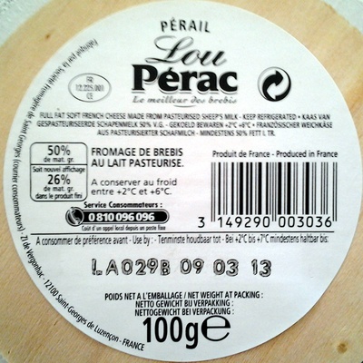 Lou Pérac Pur Brebis (26% MG) - Ingredients - fr