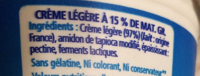Crème épaisse légère (15 % MG) - Ingrediënten - fr