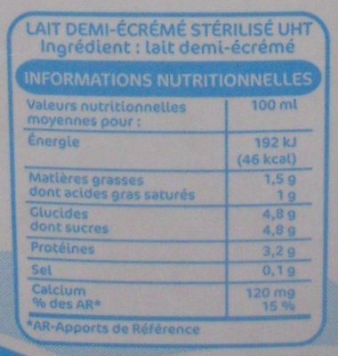 Lait stérilisé UHT demi-écrémé - Información nutricional - fr