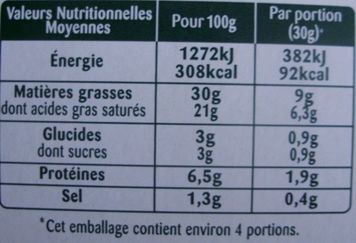 Rondelé Le Corsé (30 % MG) - Tableau nutritionnel