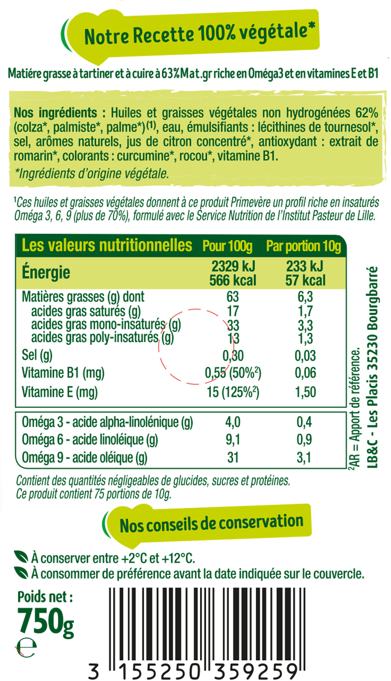 Primevère Tartine & Cuisson - Valori nutrizionali - fr