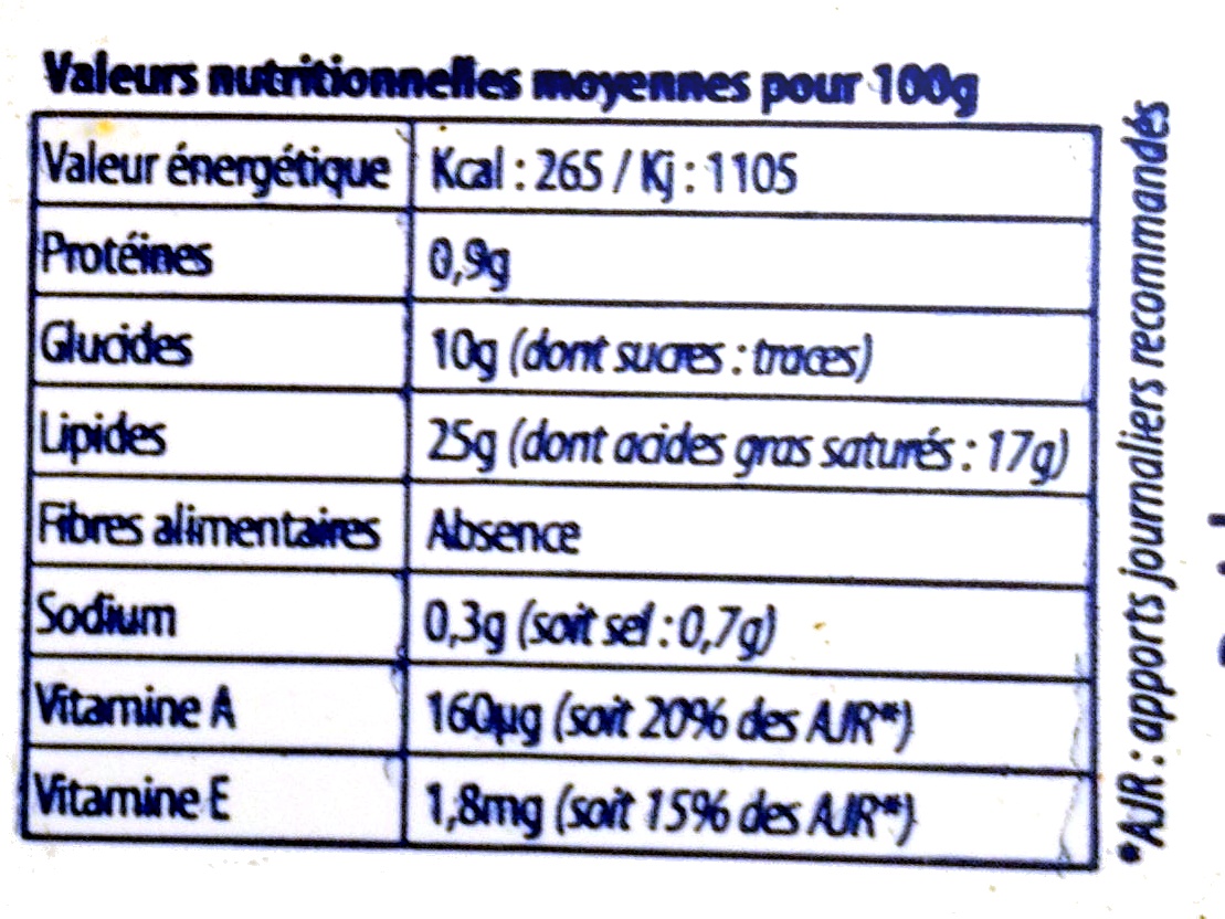 Bridelight doux (25% MG) - Nutrition facts - fr
