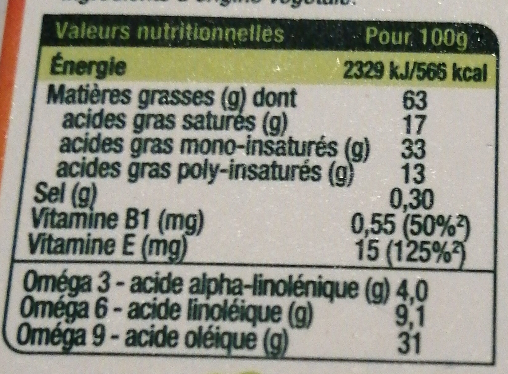 Primevère Tartine & Cuisson - Tableau nutritionnel