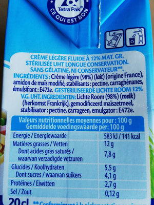 Bridélice Crème légère fluide 12%Mat. Gr. - Tableau nutritionnel