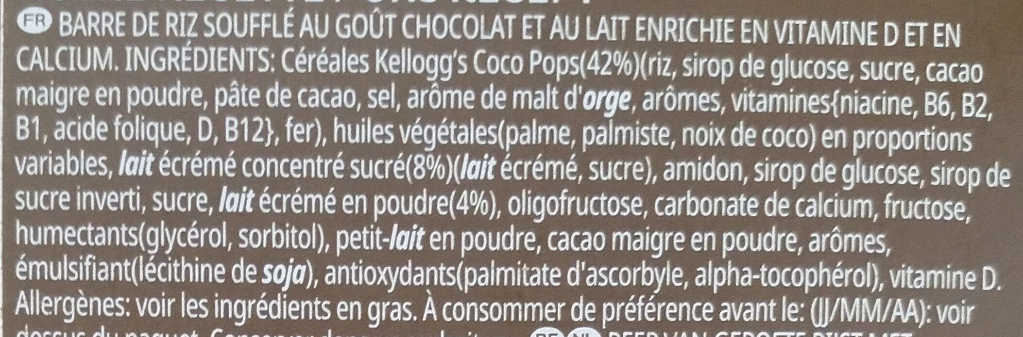 Barres Céréales Coco Pops Kellogg's - 6x20g - Ingredientes - fr