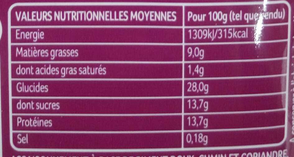 Mélange pour Couscous Royal - Tableau nutritionnel