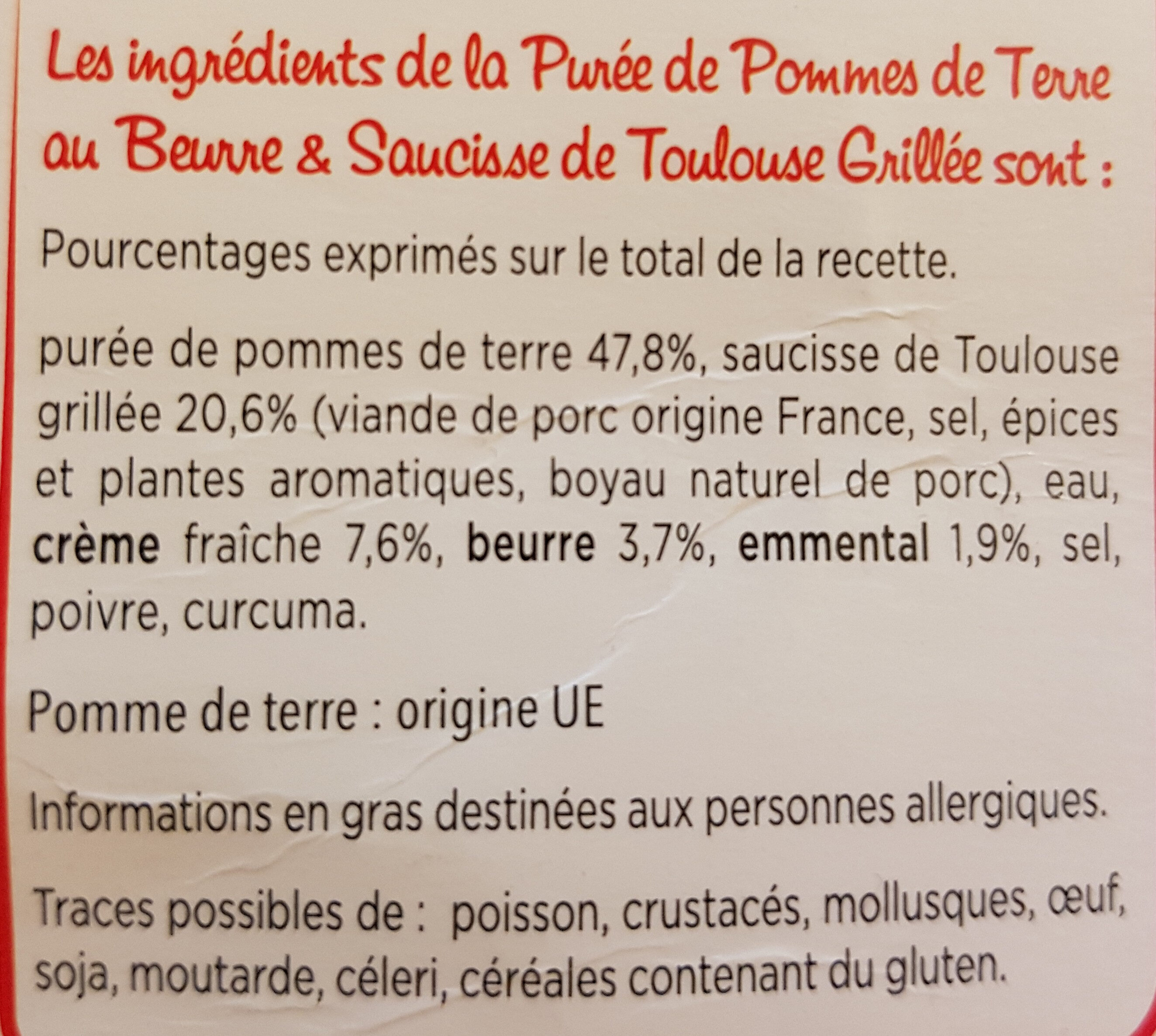 Saucisse de Toulouse grillée & purée au beurre - Ingredients - fr