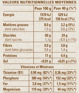 Flocons d'avoine complète - Tableau nutritionnel