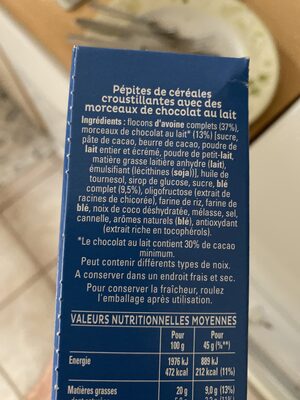 Quaker Cruesli Chocolat au lait - Ingredients - fr