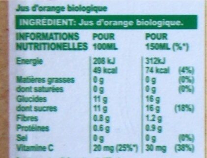 Tropicana Bio Pur jus orange sans pulpe 85 cl - Tableau nutritionnel